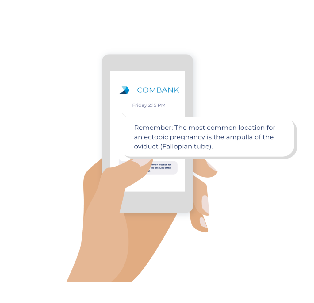 hand holding a phone that says "remember: the most common location for an ectopic pregnancy is the ampulla of the oviduct (fallopian tube)"