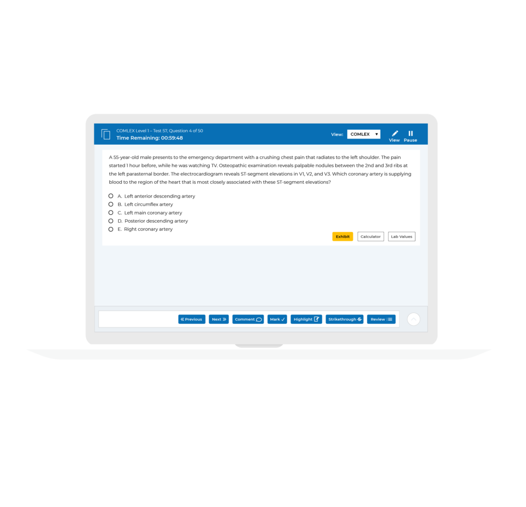 Laptop with a sample COMLEX qbank question