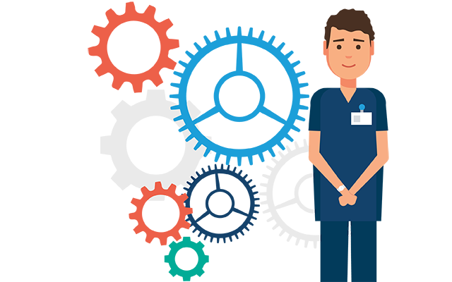 Illustration of a man in dark blue scrubs standing next to several gears