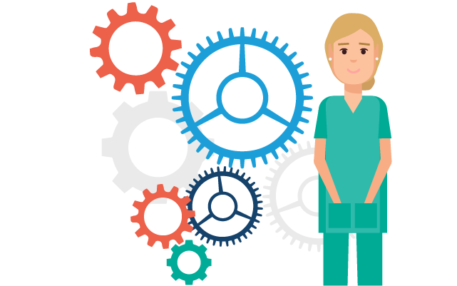 illustration of a woman in teal scrubs next to several gears