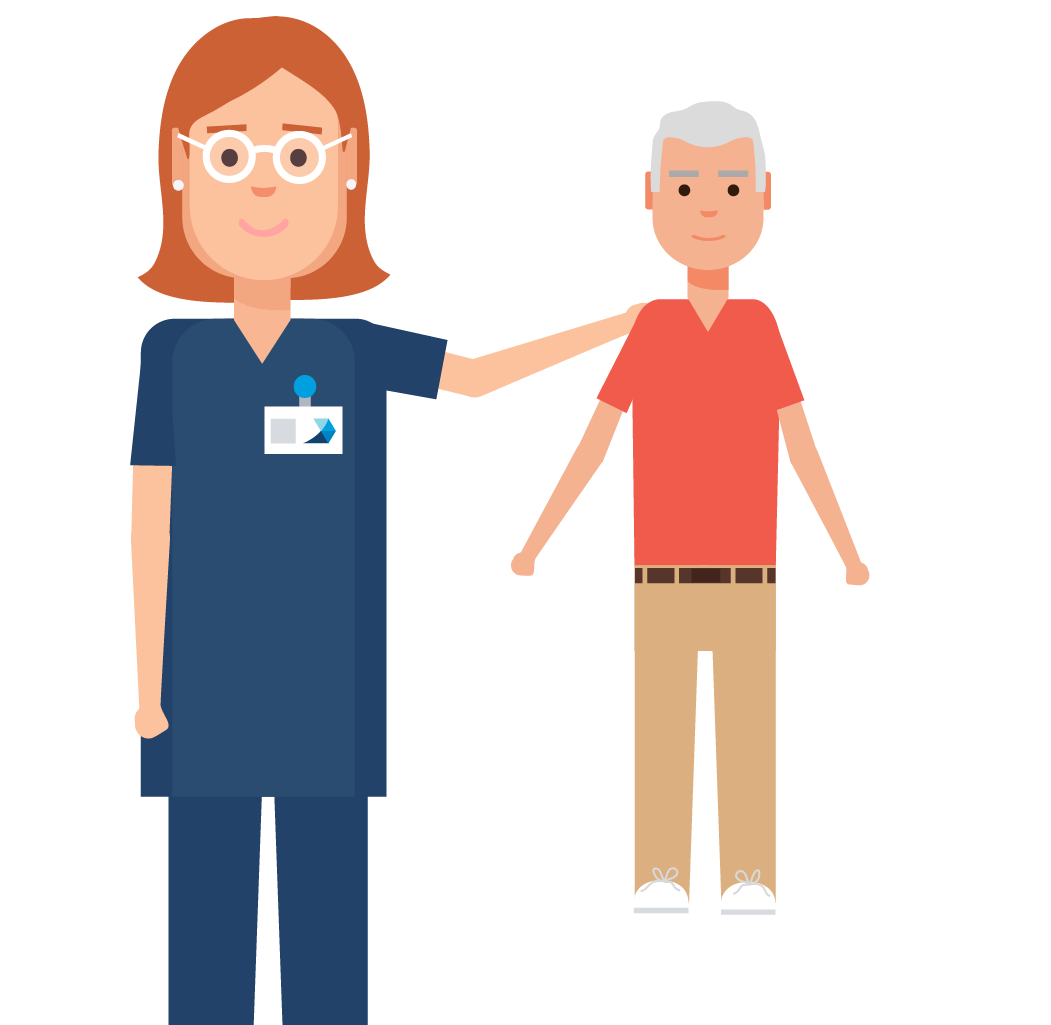 Illustration of a woman in scrubs with an elderly client in an occupational therapy sessions