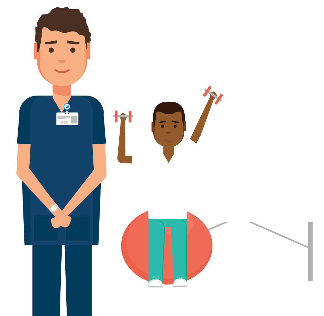 Illustration of a man in dark blue scrubs coaching a client through a physical therapy session