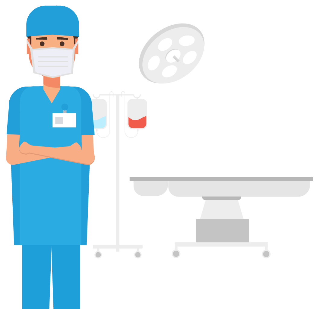 Illustration of a man in blue scrubs with a surgical table