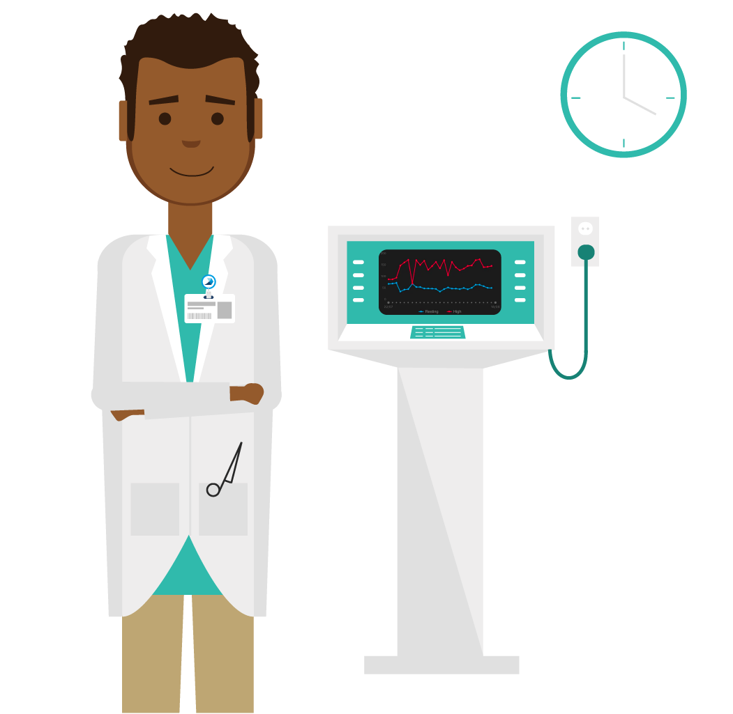 Illustration of a man in a white lab coat next to an EKG machine