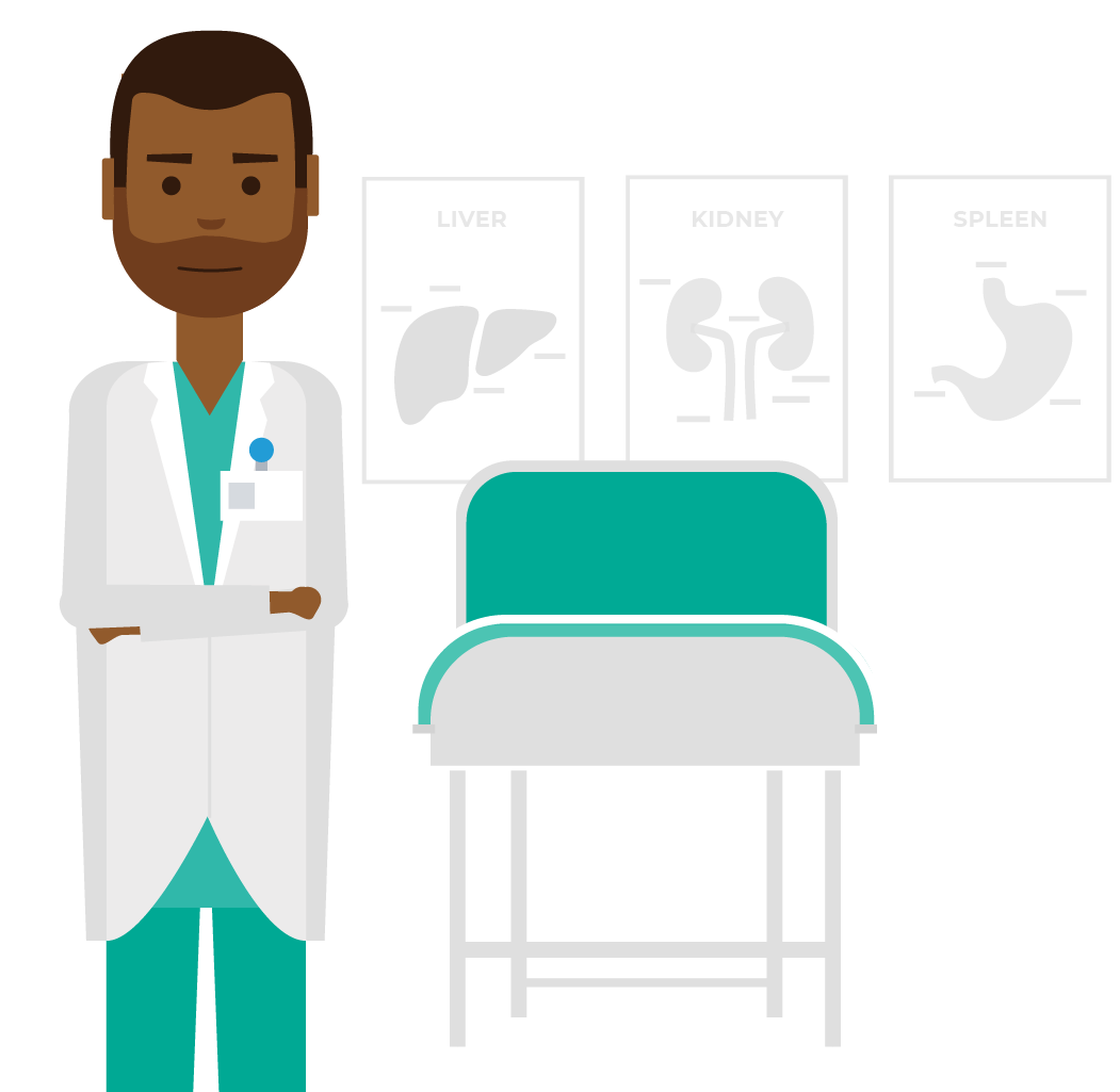 Illustration of a man in a white lab coat next to diagrams of internal organs