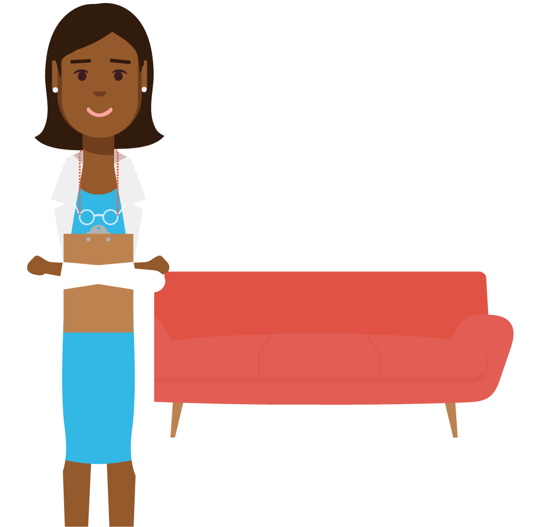Illustration of a female psychiatrist next to a couch