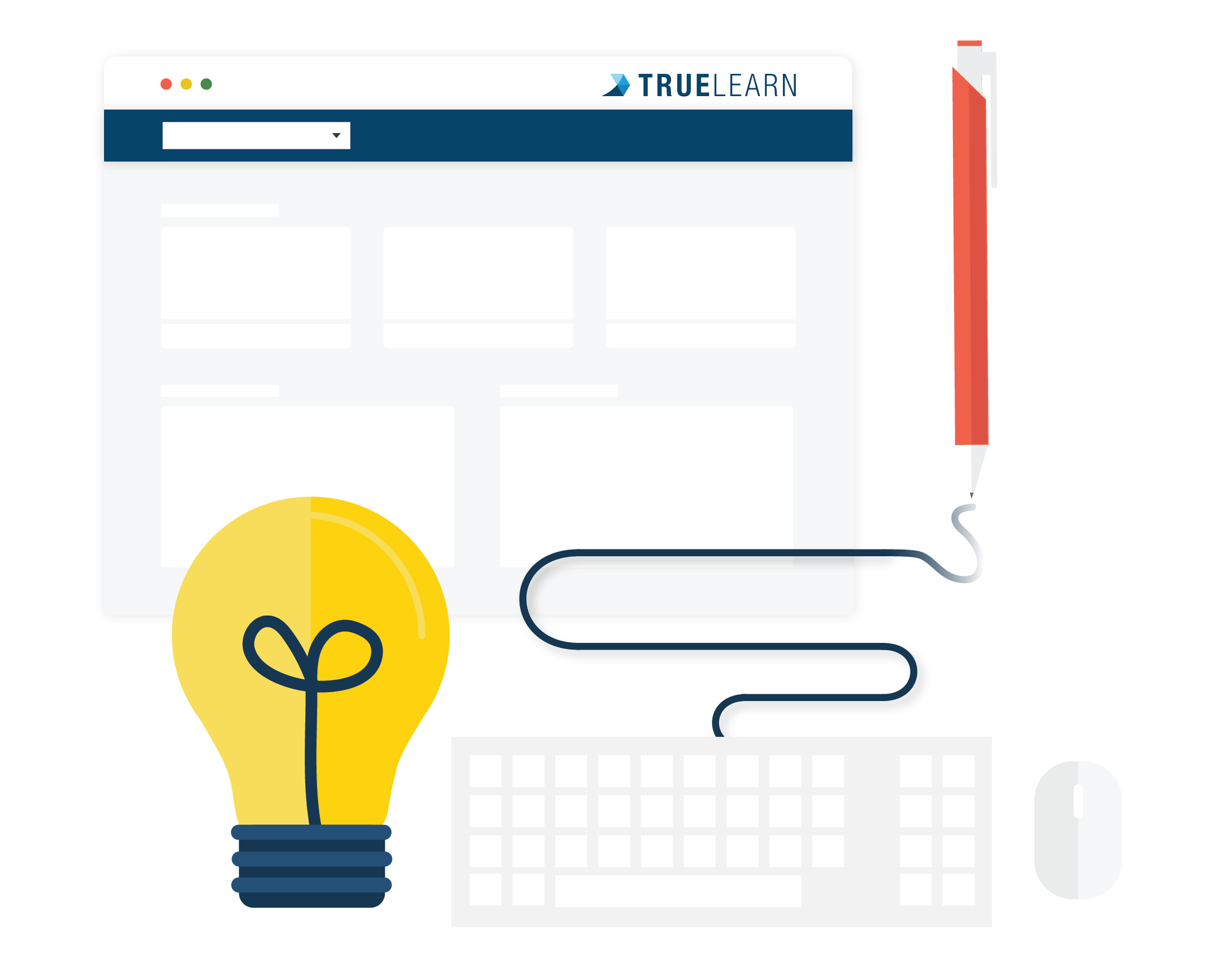 illustration of TrueLearn's question bank with a keyboard and lightbulb