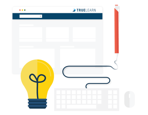 illustration of TrueLearn's question bank with a keyboard and lightbulb