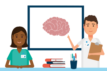 two osteopathic professionals examining a brain