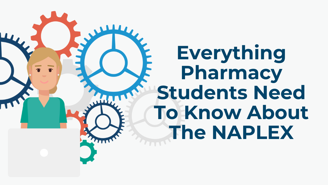 Pharmacy student behind a computer with text that reads Everything pharmacy students need to know about the NAPLEX