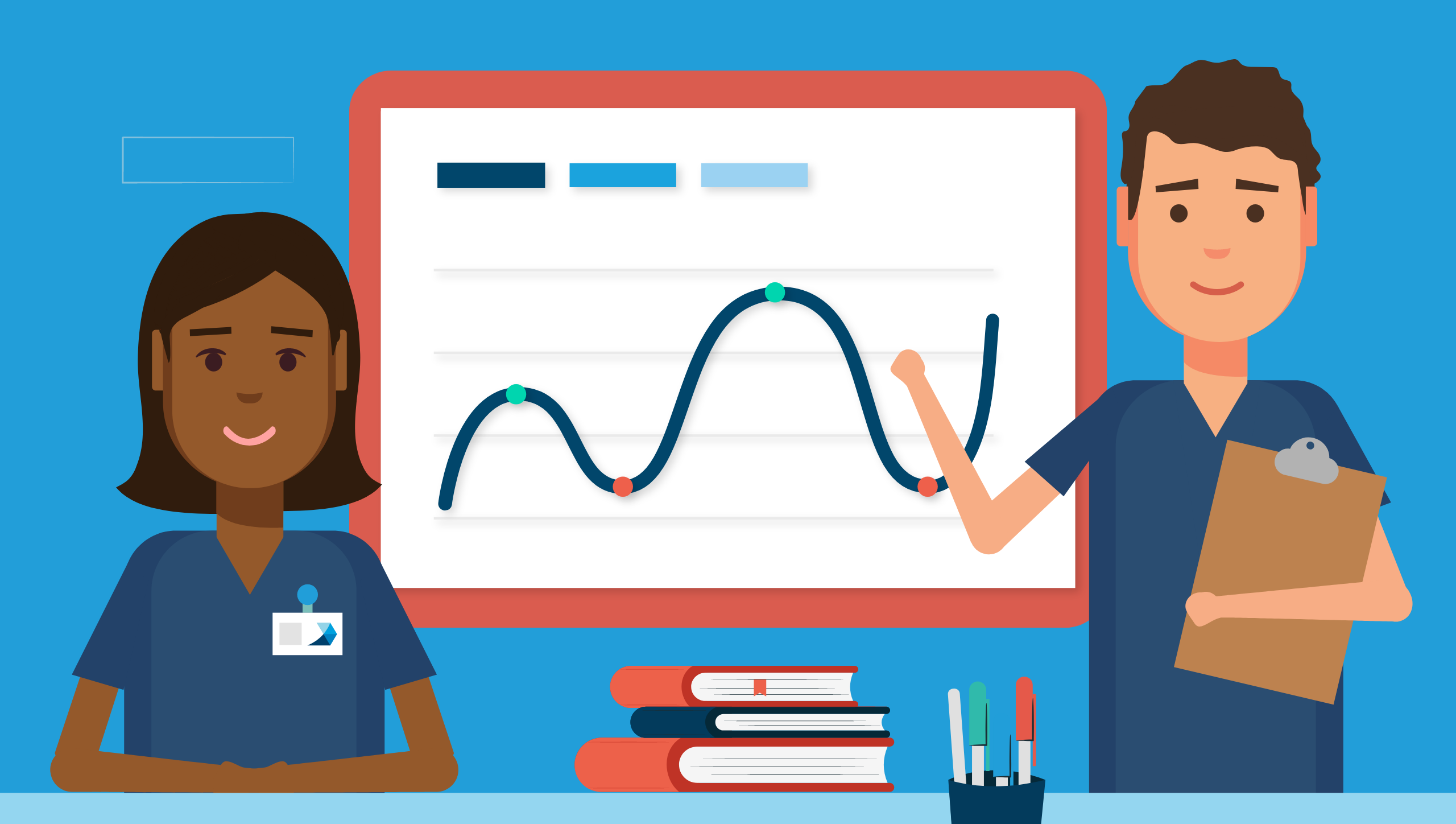 two nurse practitioners presenting performance chart