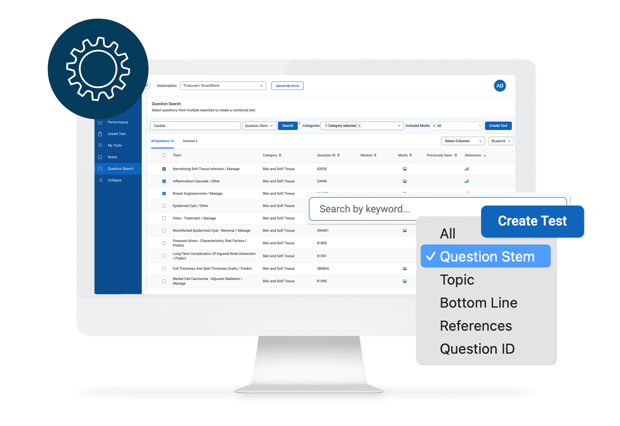 Computer screen showing TrueLearn's question search feature