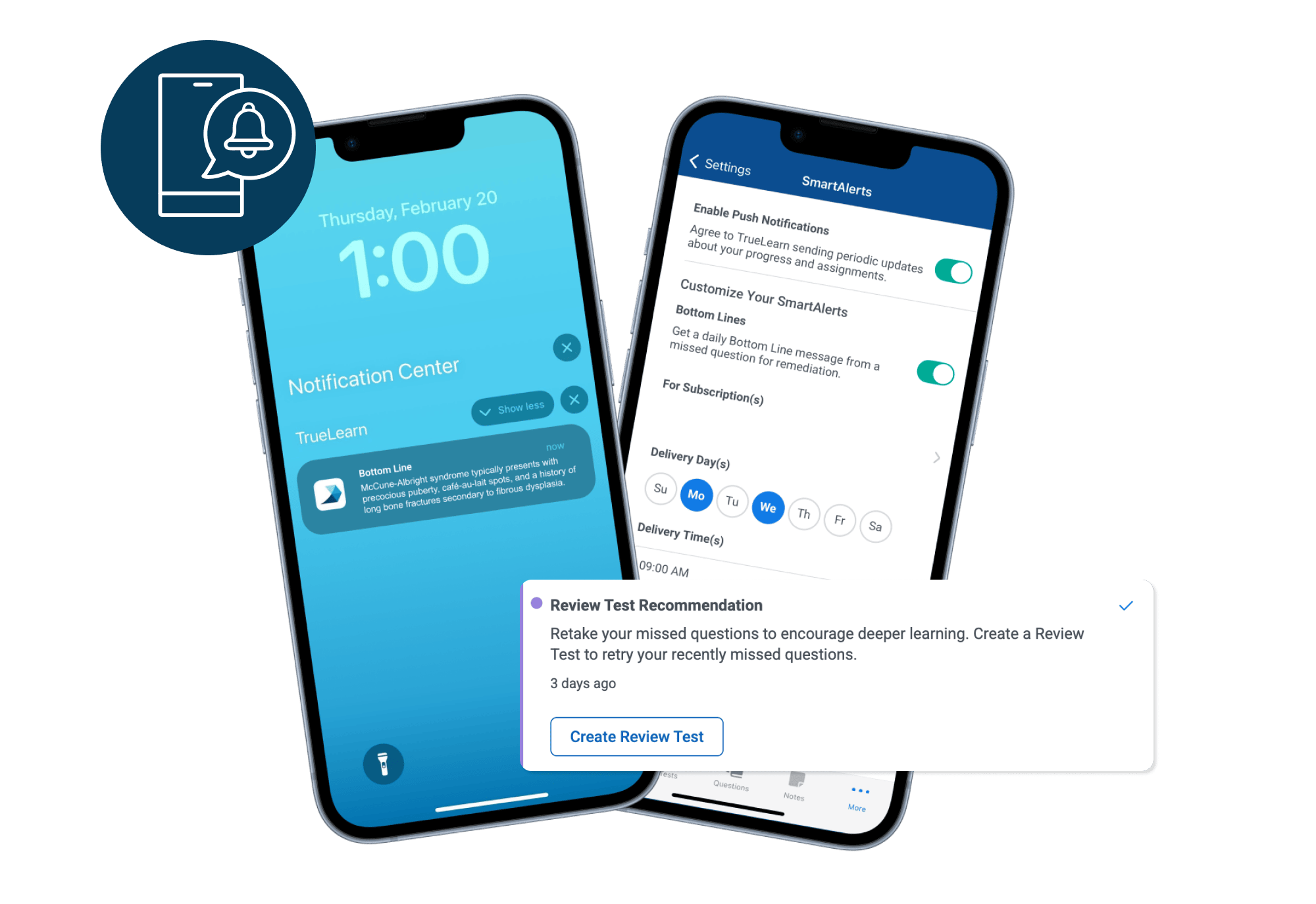 Two phone screens showing TrueLearn's mobile app